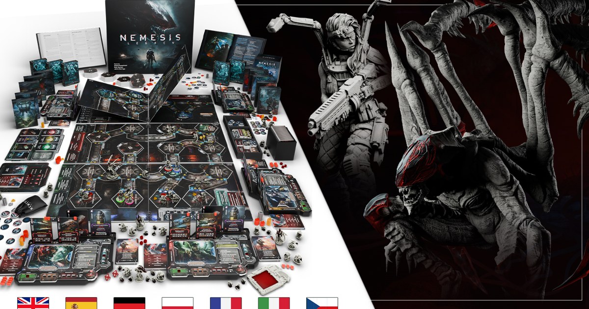 Nemesis Legacy board game campaign art, the Awaken Realms science fiction horror game leading Gamefound this week