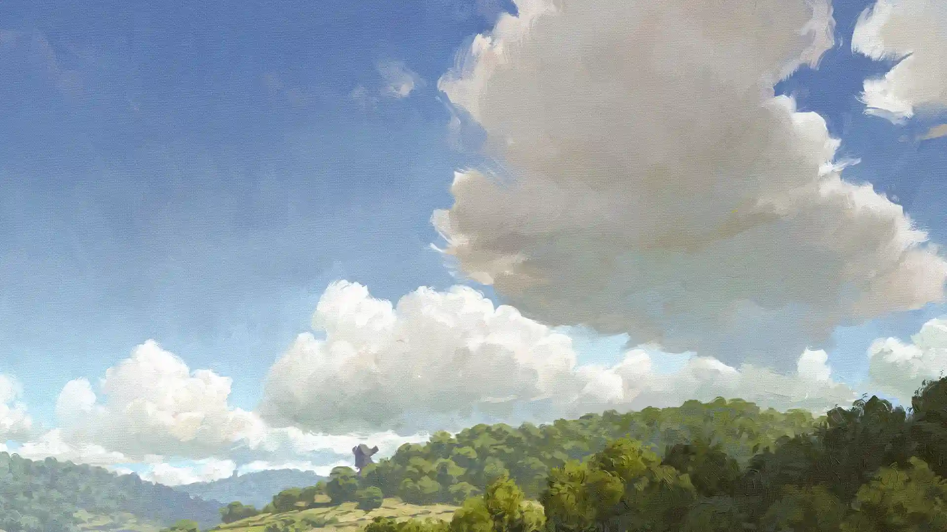 Painted landscape for Kingdom Come: Deliverance The Board Game showing green Bohemian hills, trees and a distant castle under a cloudy blue sky