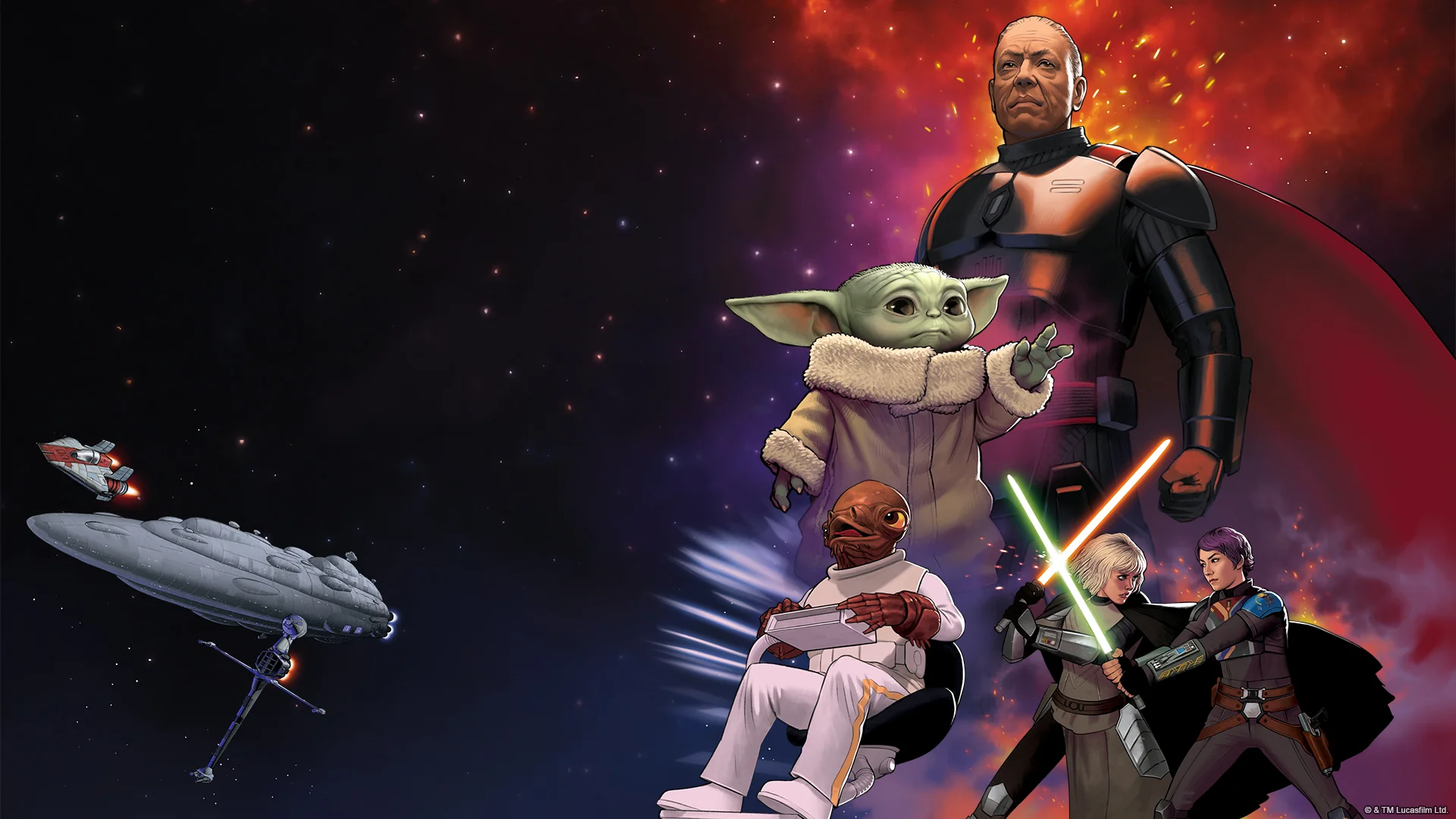 Official Star Wars: Unlimited key art for the Ashes of the Empire set, showing Grogu, an Ewok, Sebulba, a Tusken Raider, General Grievous and stormtroopers amid a fiery starship battle.