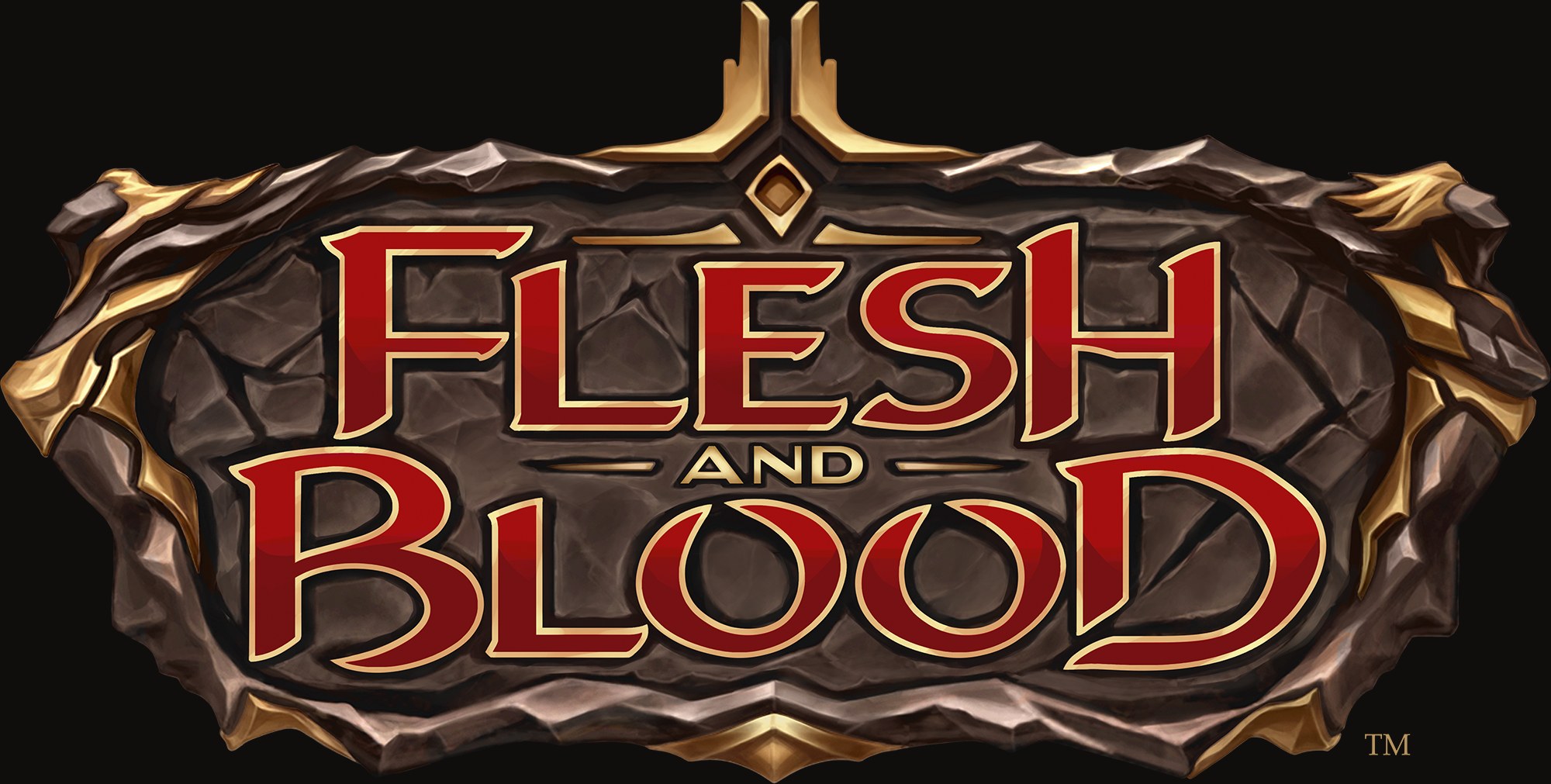 The official Flesh and Blood logo, red and gold lettering on a dark stone plaque