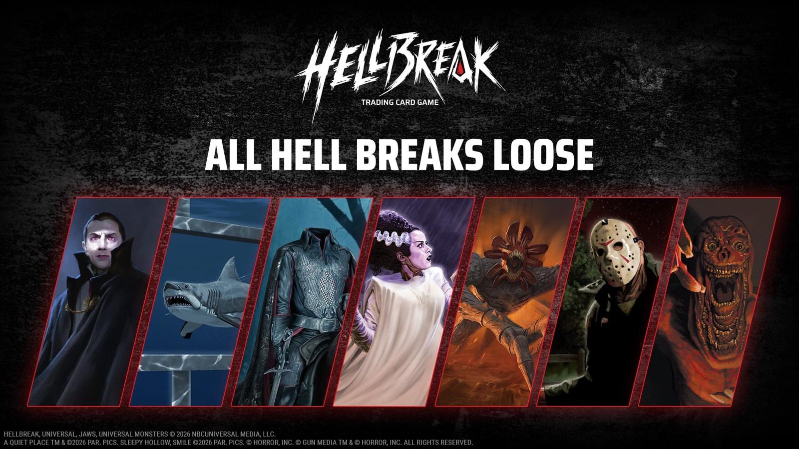 Hellbreak Trading Card Game key art showing seven horror character panels, including the Headless Horseman, under the Hellbreak logo