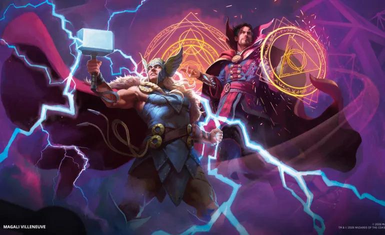 Marvel: Darkhold Destiny announcement art showing Thor and Doctor Strange amid magical lightning