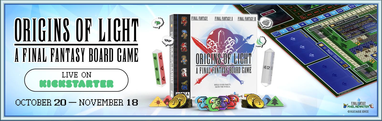 The Origins of Light game box and board, with pixel art heroes, gold coins, and the words Live on Kickstarter, October 20 to November 18