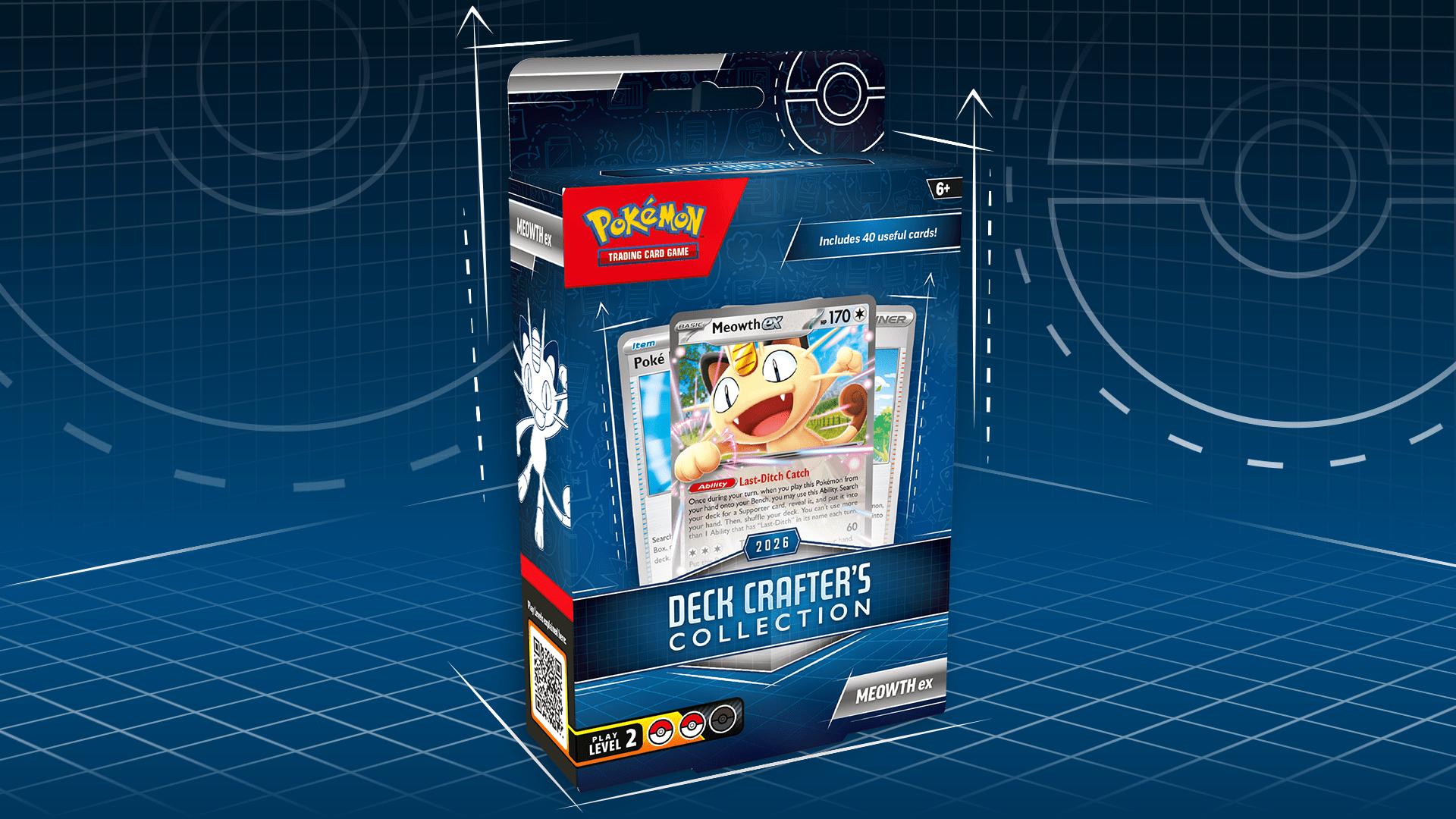 Pokémon TCG Deck Crafter's Collection box with Meowth artwork and its cards and dividers laid out
