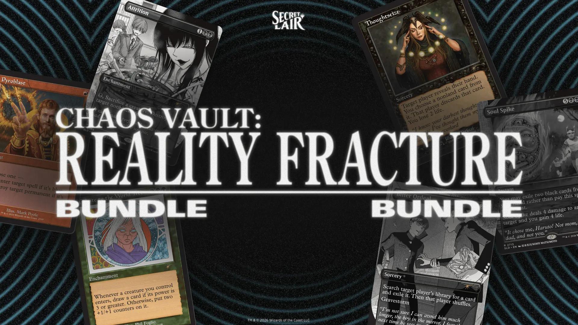 Secret Lair Chaos Vault Reality Fracture Bundle key art showing the drop cards around the title