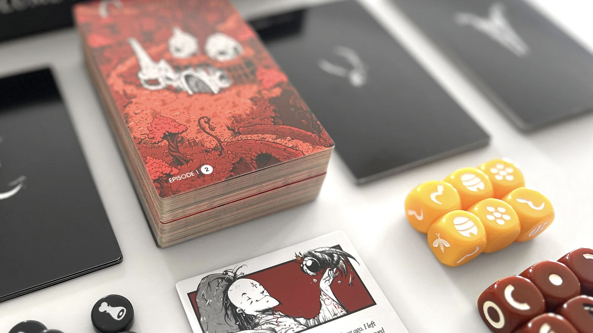 Spire's End Volume 2 cards, dice and tokens on a table