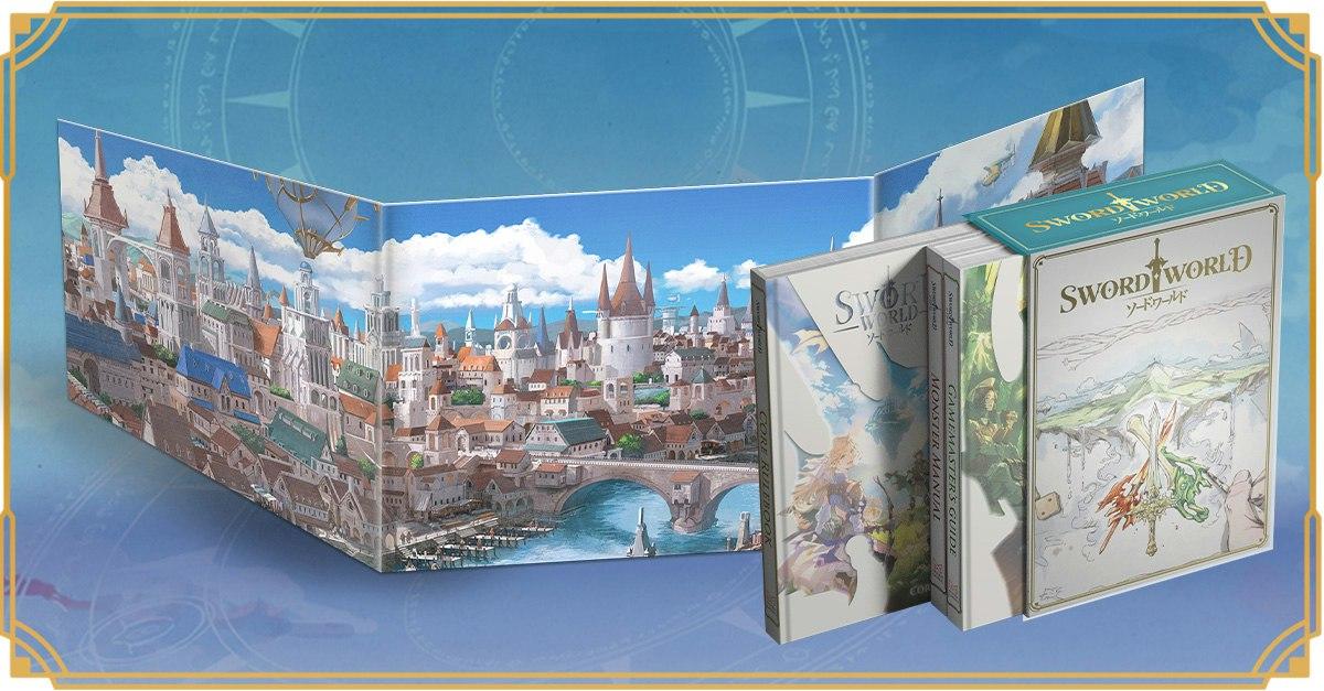 Sword World English edition books in a slipcase next to a GM screen with fantasy city artwork