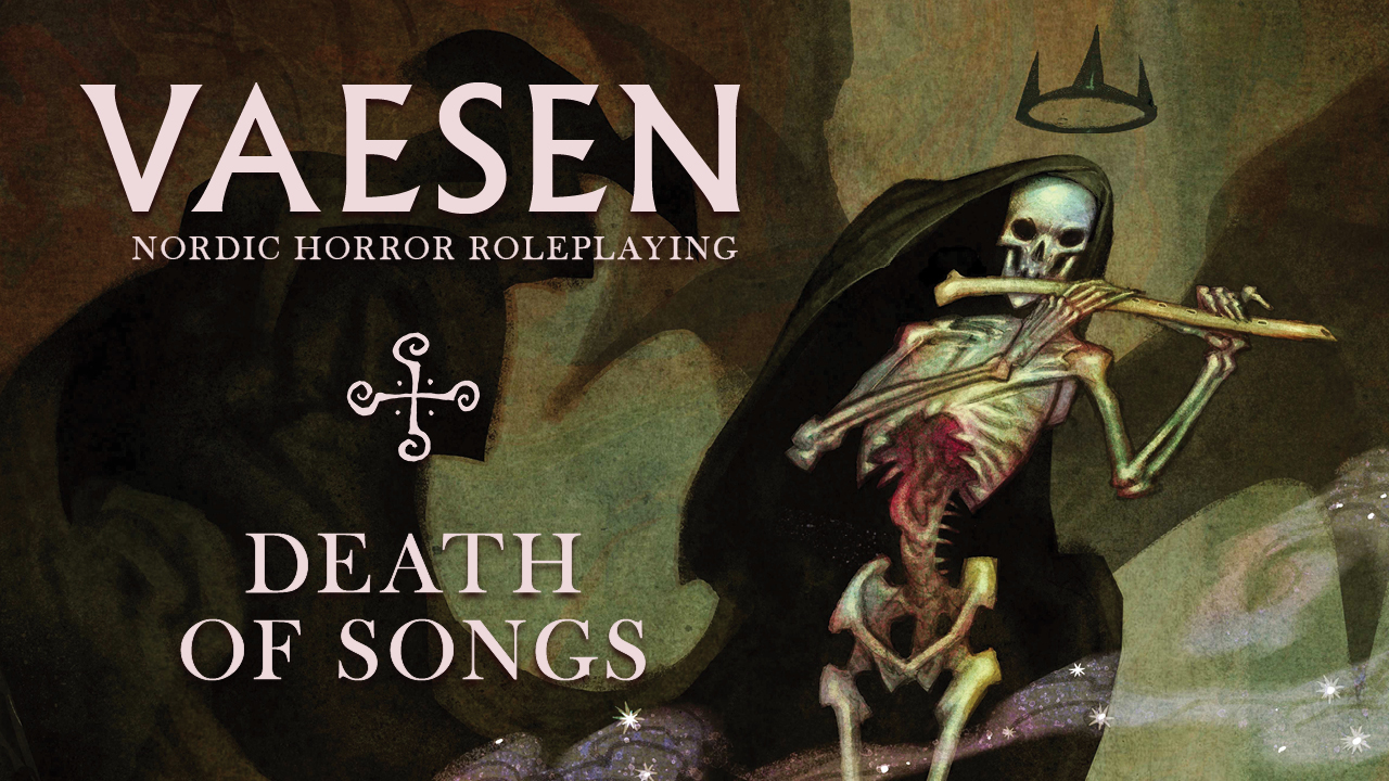 Vaesen Death of Songs key art showing a crowned skeleton playing a flute, with the Vaesen Nordic Horror Roleplaying logo