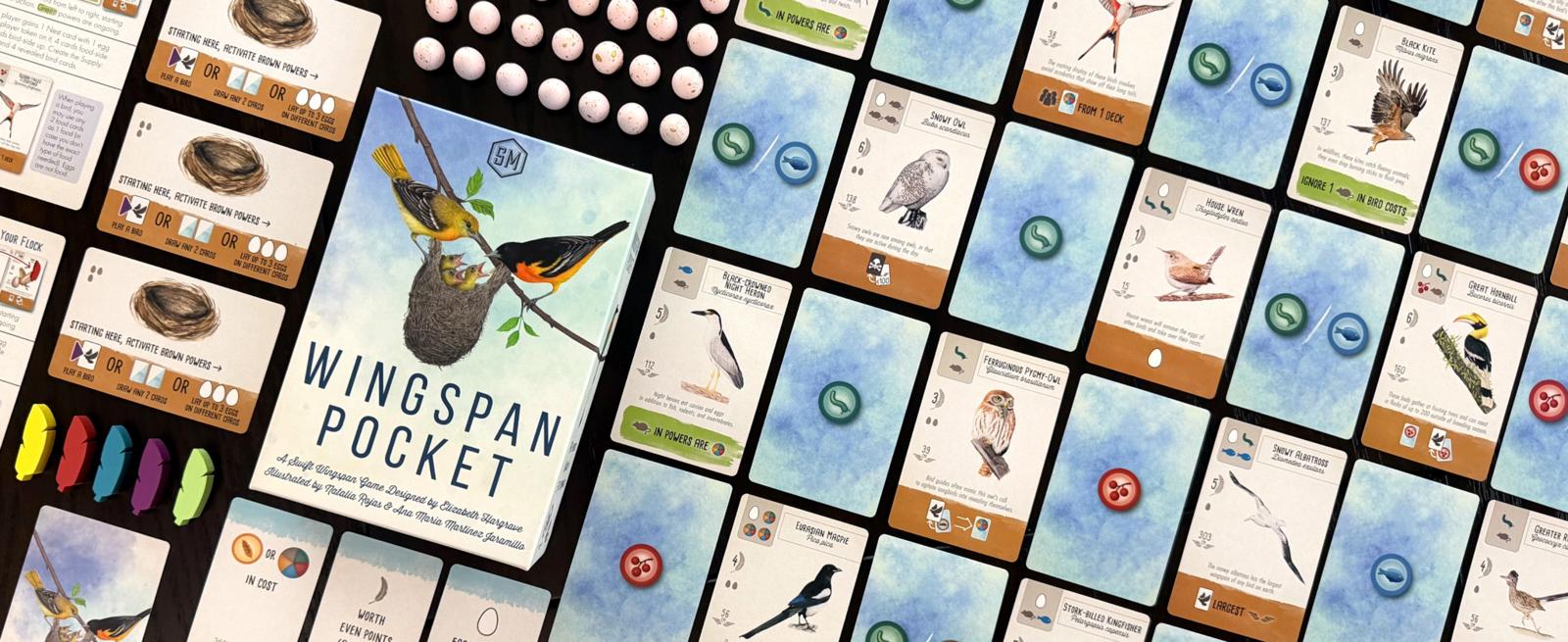 Wingspan Pocket bird and food cards shown in official art from Stonemaier Games